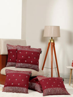 HOSTA HOMES - Soft Velvet Geometric Embellished Cushion Covers Maroon (Pack of 5) (16x16 Inches)