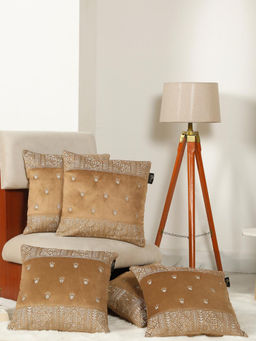 HOSTA HOMES - Soft Velvet Geometric Embellished Cushion Covers Rust (Pack of 5) (16x16 Inches)