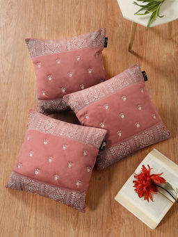 HOSTA HOMES - Soft Velvet Geometric Embellished Cushion Covers Peach (Pack of 3) (16x16 Inches)