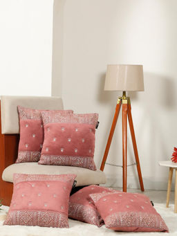HOSTA HOMES - Soft Velvet Geometric Embellished Cushion Covers Peach (Pack of 5) (16x16 Inches)