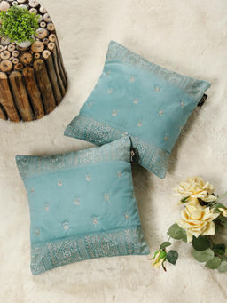 HOSTA HOMES - Soft Velvet Geometric Embellished Cushion Covers Aqua (Pack of 2) (16x16 Inches)