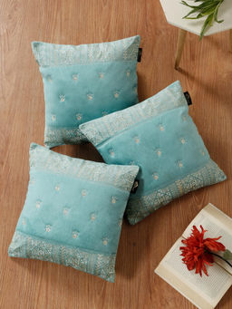 HOSTA HOMES - Soft Velvet Geometric Embellished Cushion Covers Aqua (Pack of 3) (16x16 Inches)