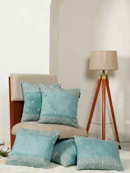 HOSTA HOMES - Soft Velvet Geometric Embellished Cushion Covers Aqua (Pack of 5) (16x16 Inches)