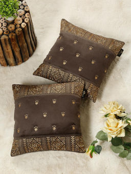 HOSTA HOMES - Soft Velvet Geometric Embellished Cushion Covers Brown (Pack of 2) (16x16 Inches)