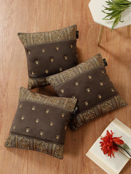 HOSTA HOMES - Soft Velvet Geometric Embellished Cushion Covers Brown (Pack of 3) (16x16 Inches)