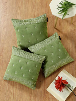 HOSTA HOMES - Soft Velvet Geometric Embellished Cushion Covers Olive (Pack of 3) (16x16 Inches)