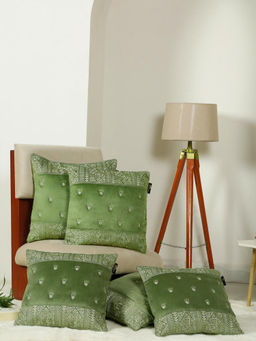 HOSTA HOMES - Soft Velvet Geometric Embellished Cushion Covers Olive (Pack of 5) (16x16 Inches)