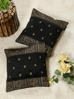 HOSTA HOMES - Soft Velvet Geometric Embellished Cushion Covers Black (Pack of 2) (16x16 Inches)