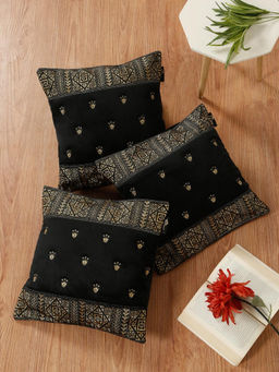 HOSTA HOMES - Soft Velvet Geometric Embellished Cushion Covers Black (Pack of 3) (16x16 Inches)