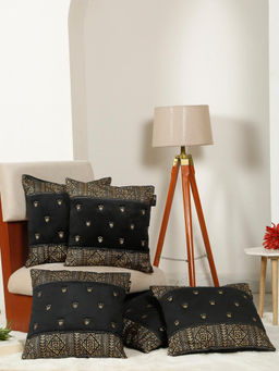 HOSTA HOMES - Soft Velvet Geometric Embellished Cushion Covers Black (Pack of 5) (16x16 Inches)