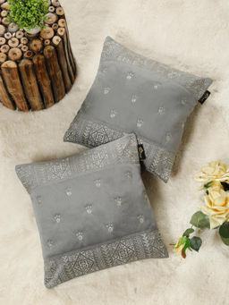 HOSTA HOMES - Soft Velvet Geometric Embellished Cushion Covers Grey (Pack of 2) (16x16 Inches)