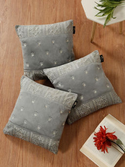 HOSTA HOMES - Soft Velvet Geometric Embellished Cushion Covers Grey (Pack of 3) (16x16 Inches)
