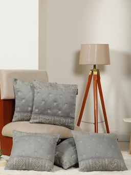 HOSTA HOMES - Soft Velvet Geometric Embellished Cushion Covers Grey (Pack of 5) (16x16 Inches)