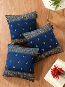 HOSTA HOMES - Soft Velvet Geometric Embellished Cushion Covers Blue (Pack of 3) (16x16 Inches)