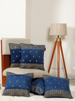 HOSTA HOMES - Soft Velvet Geometric Embellished Cushion Covers Blue (Pack of 5) (16x16 Inches)