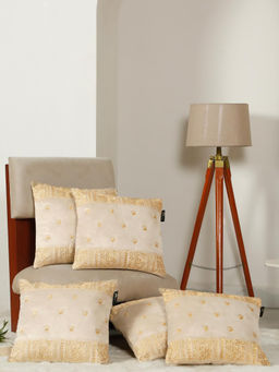 HOSTA HOMES - Soft Velvet Geometric Embellished Cushion Covers Cream (Pack of 5) (16x16 Inches)