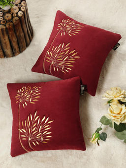 HOSTA HOMES - Soft Velvet Leaf Pattern Embellished Cushion Covers Maroon (Pack of 2) (16x16 Inches)