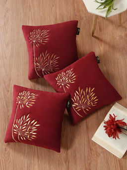 HOSTA HOMES - Soft Velvet Leaf Pattern Embellished Cushion Covers Maroon (Pack of 3) (16x16 Inches)