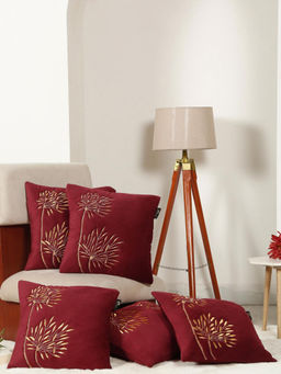 HOSTA HOMES - Soft Velvet Leaf Pattern Embellished Cushion Covers Maroon (Pack of 5) (16x16 Inches)