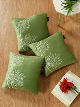 HOSTA HOMES - Soft Velvet Leaf Pattern Embellished Cushion Covers Olive (Pack of 3) (16x16 Inches)