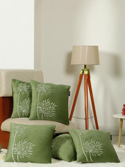 HOSTA HOMES - Soft Velvet Leaf Pattern Embellished Cushion Covers Olive (Pack of 5) (16x16 Inches)
