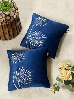 HOSTA HOMES - Soft Velvet Leaf Pattern Embellished Cushion Covers Blue (Pack of 2) (16x16 Inches)