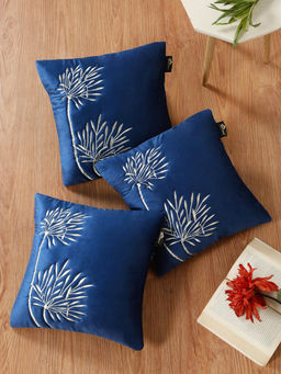 HOSTA HOMES - Soft Velvet Leaf Pattern Embellished Cushion Covers Blue (Pack of 3) (16x16 Inches)