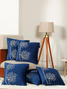 HOSTA HOMES - Soft Velvet Leaf Pattern Embellished Cushion Covers Blue (Pack of 5) (16x16 Inches)