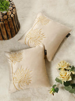 HOSTA HOMES - Soft Velvet Leaf Pattern Embellished Cushion Covers Cream (Pack of 2) (16x16 Inches)