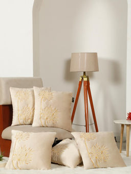 HOSTA HOMES - Soft Velvet Leaf Pattern Embellished Cushion Covers Cream (Pack of 5) (16x16 Inches)
