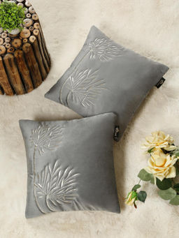 HOSTA HOMES - Soft Velvet Leaf Pattern Embellished Cushion Covers Grey (Pack of 2) (16x16 Inches)