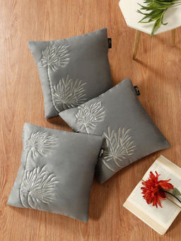 HOSTA HOMES - Soft Velvet Leaf Pattern Embellished Cushion Covers Grey (Pack of 3) (16x16 Inches)