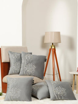 HOSTA HOMES - Soft Velvet Leaf Pattern Embellished Cushion Covers Grey (Pack of 5) (16x16 Inches)