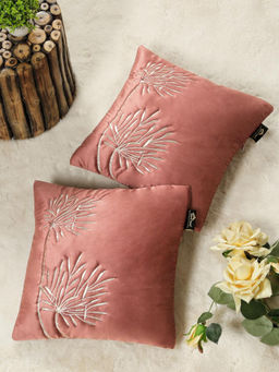 HOSTA HOMES - Soft Velvet Leaf Pattern Embellished Cushion Covers Peach (Pack of 2) (16x16 Inches)