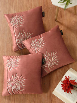 HOSTA HOMES - Soft Velvet Leaf Pattern Embellished Cushion Covers Peach (Pack of 3) (16x16 Inches)