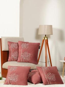 HOSTA HOMES - Soft Velvet Leaf Pattern Embellished Cushion Covers Peach (Pack of 5) (16x16 Inches)