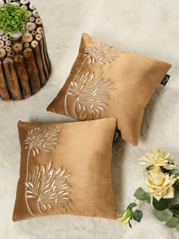 HOSTA HOMES - Soft Velvet Leaf Pattern Embellished Cushion Covers Rust (Pack of 2) (16x16 Inches)