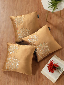 HOSTA HOMES - Soft Velvet Leaf Pattern Embellished Cushion Covers Rust (Pack of 3) (16x16 Inches)