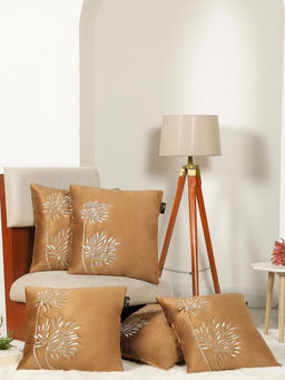 HOSTA HOMES - Soft Velvet Leaf Pattern Embellished Cushion Covers Rust (Pack of 5) (16x16 Inches)