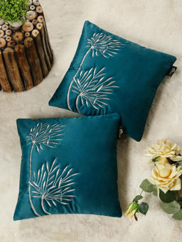 HOSTA HOMES - Soft Velvet Leaf Pattern Embellished Cushion Covers Teal (Pack of 2) (16x16 Inches)
