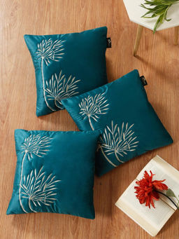 HOSTA HOMES - Soft Velvet Leaf Pattern Embellished Cushion Covers Green (Pack of 3) (16x16 Inches)