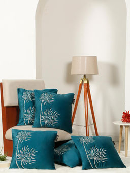 HOSTA HOMES - Soft Velvet Leaf Pattern Embellished Cushion Covers Green (Pack of 5) (16x16 Inches)