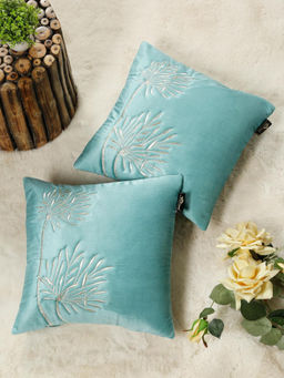 HOSTA HOMES - Soft Velvet Leaf Pattern Embellished Cushion Covers Aqua (Pack of 2) (16x16 Inches)
