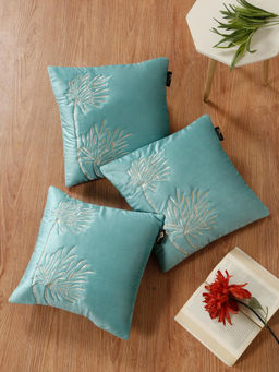 HOSTA HOMES - Soft Velvet Leaf Pattern Embellished Cushion Covers Aqua (Pack of 3) (16x16 Inches)