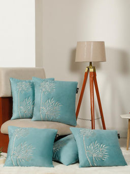 HOSTA HOMES - Soft Velvet Leaf Pattern Embellished Cushion Covers Aqua (Pack of 5) (16x16 Inches)