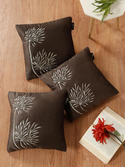 HOSTA HOMES - Soft Velvet Leaf Pattern Embellished Cushion Covers Brown (Pack of 3) (16x16 Inches)