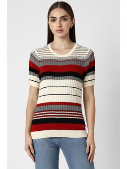 Van Heusen - Women Cream Stripe Casual Round Neck Top