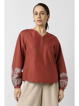 Van Heusen - Women Red Print Casual V Neck Top