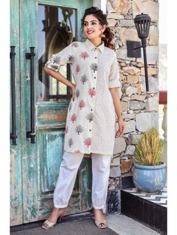 Anastay Clothing - White and Burgundy Printed Asymmetric and Tulip Kurta (Set of 2)