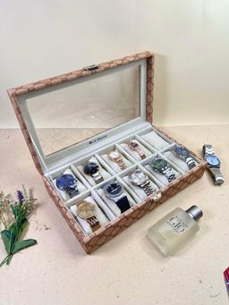 La Trove - Vegan Designer 10 Slot Watch Box Display Case Organiser With Glass Top Champagne